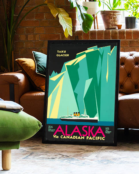 Vintage Alaska Taku Glacier Poster – Alaska via Canadian Pacific Poster – FineArt Wandbild, moderne Kunst &amp; Fine Art Print von Spawnd, handgefertigt &amp; Made in Germany