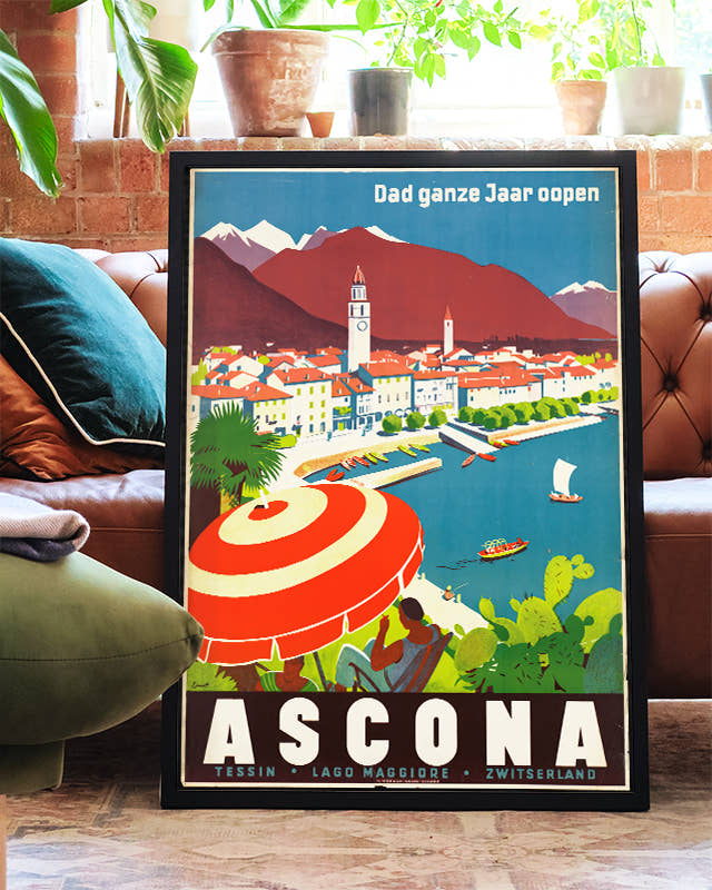 Vintage Ascona Reiseplakat – Lago Maggiore Schweiz Poster – FineArt Wandbild, moderne Kunst &amp; Fine Art Print von Spawnd, handgefertigt &amp; Made in Germany