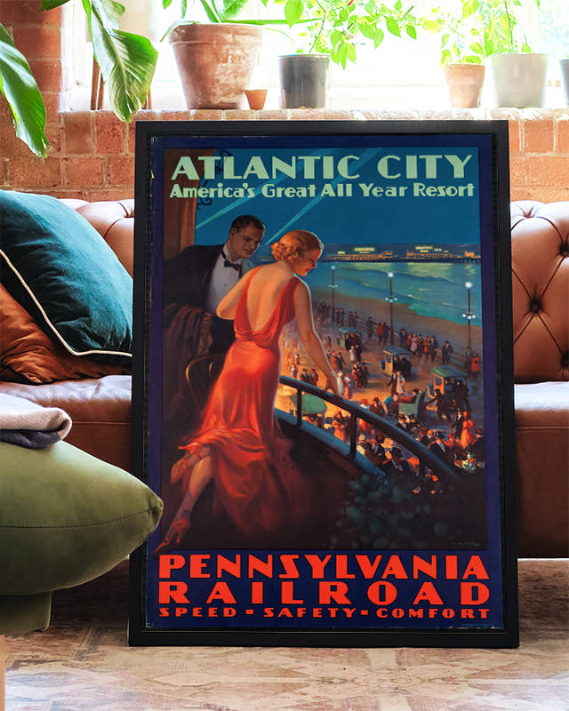 Vintage Atlantic City Reiseplakat – Pennsylvania Railroad Poster – FineArt Wandbild, moderne Kunst &amp; Fine Art Print von Spawnd, handgefertigt &amp; Made in Germany
