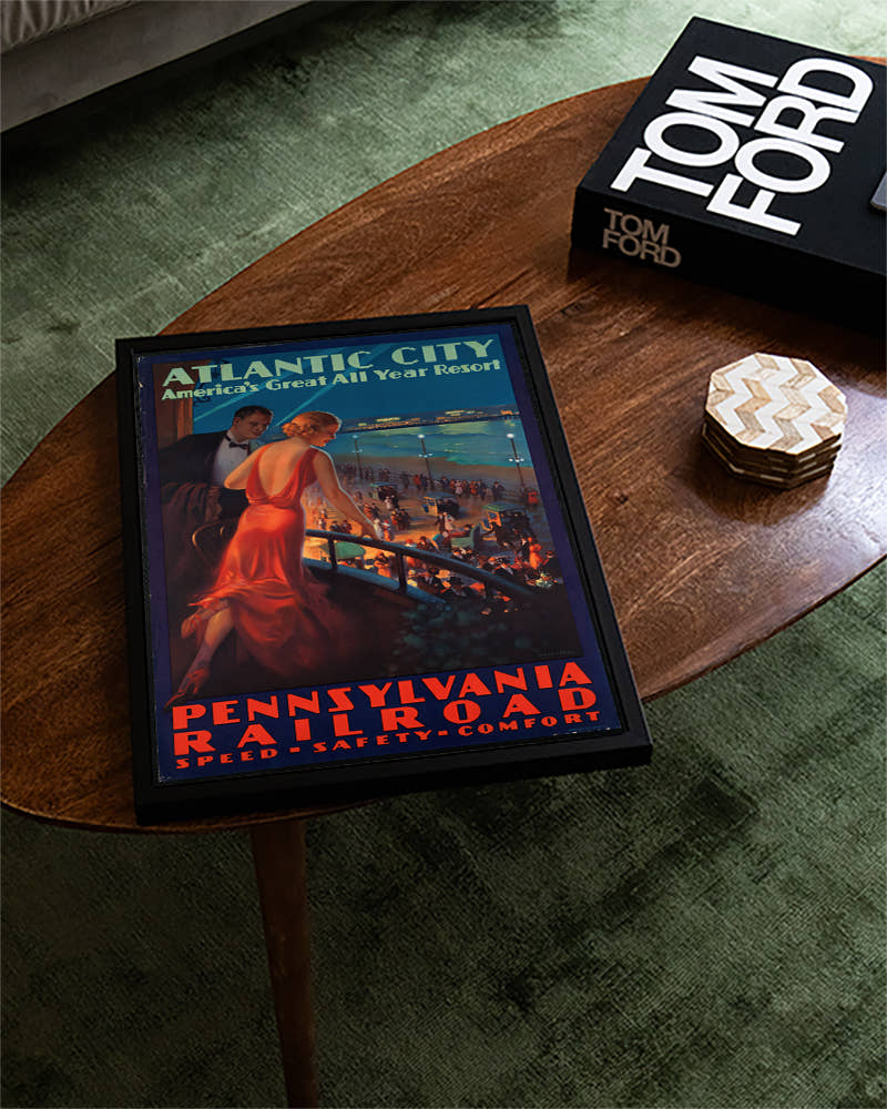 Vintage Atlantic City Reiseplakat – Pennsylvania Railroad Poster – FineArt Wandbild, moderne Kunst &amp; Fine Art Print von Spawnd, handgefertigt &amp; Made in Germany