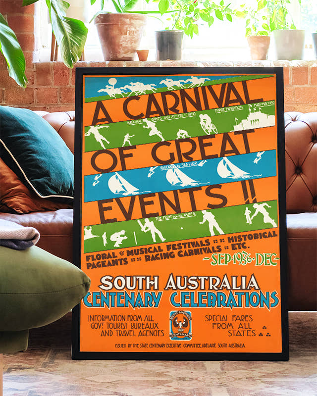 Vintage Australien Event Poster – South Australia Centenary Celebrations carival Poster – FineArt Wandbild, moderne Kunst &amp; Fine Art Print von Spawnd, handgefertigt &amp; Made in Germany