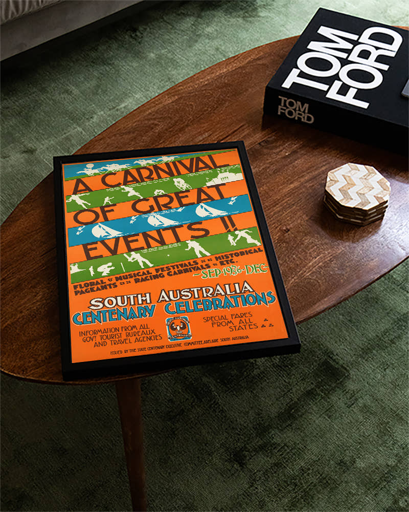 Vintage Australien Event Poster – South Australia Centenary Celebrations carival Poster – FineArt Wandbild, moderne Kunst &amp; Fine Art Print von Spawnd, handgefertigt &amp; Made in Germany