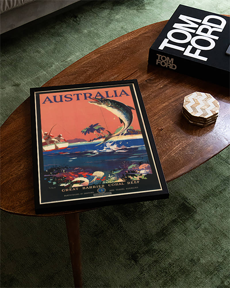 Vintage Australien Reise &amp; Korallenriff Poster – Great Barrier Reef Poster – FineArt Wandbild, moderne Kunst &amp; Fine Art Print von Spawnd, handgefertigt &amp; Made in Germany