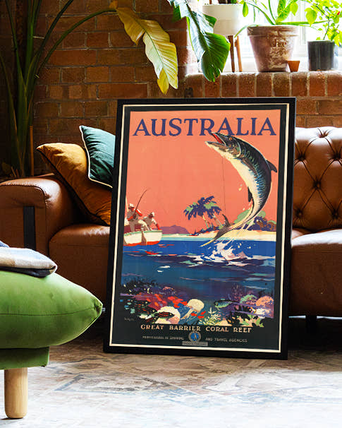 Vintage Australien Reise &amp; Korallenriff Poster – Great Barrier Reef Poster – FineArt Wandbild, moderne Kunst &amp; Fine Art Print von Spawnd, handgefertigt &amp; Made in Germany