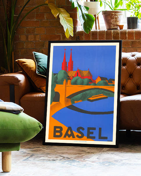 Vintage Basel Stadtposter – Schweiz Architektur Poster – FineArt Wandbild, moderne Kunst &amp; Fine Art Print von Spawnd, handgefertigt &amp; Made in Germany