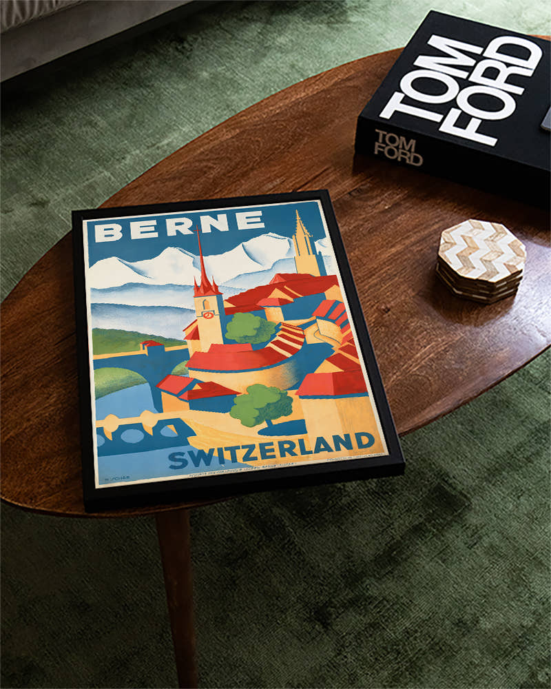 Vintage Bern Schweiz Poster – Alpen &amp; Altstadt Poster – FineArt Wandbild, moderne Kunst &amp; Fine Art Print von Spawnd, handgefertigt &amp; Made in Germany
