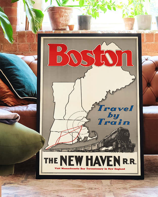 Vintage Boston Reise Poster – Travel by Train New Haven Railroad Poster – FineArt Wandbild, moderne Kunst & Fine Art Print von Spawnd, handgefertigt & Made in Germany