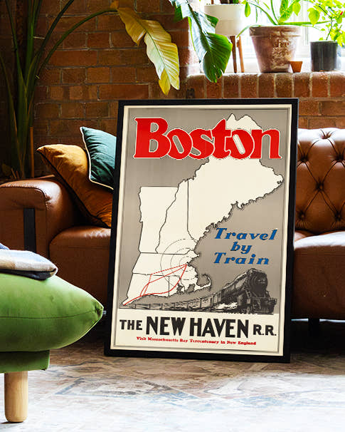 Vintage Boston Reise Poster – Travel by Train New Haven Railroad Poster – FineArt Wandbild, moderne Kunst &amp; Fine Art Print von Spawnd, handgefertigt &amp; Made in Germany