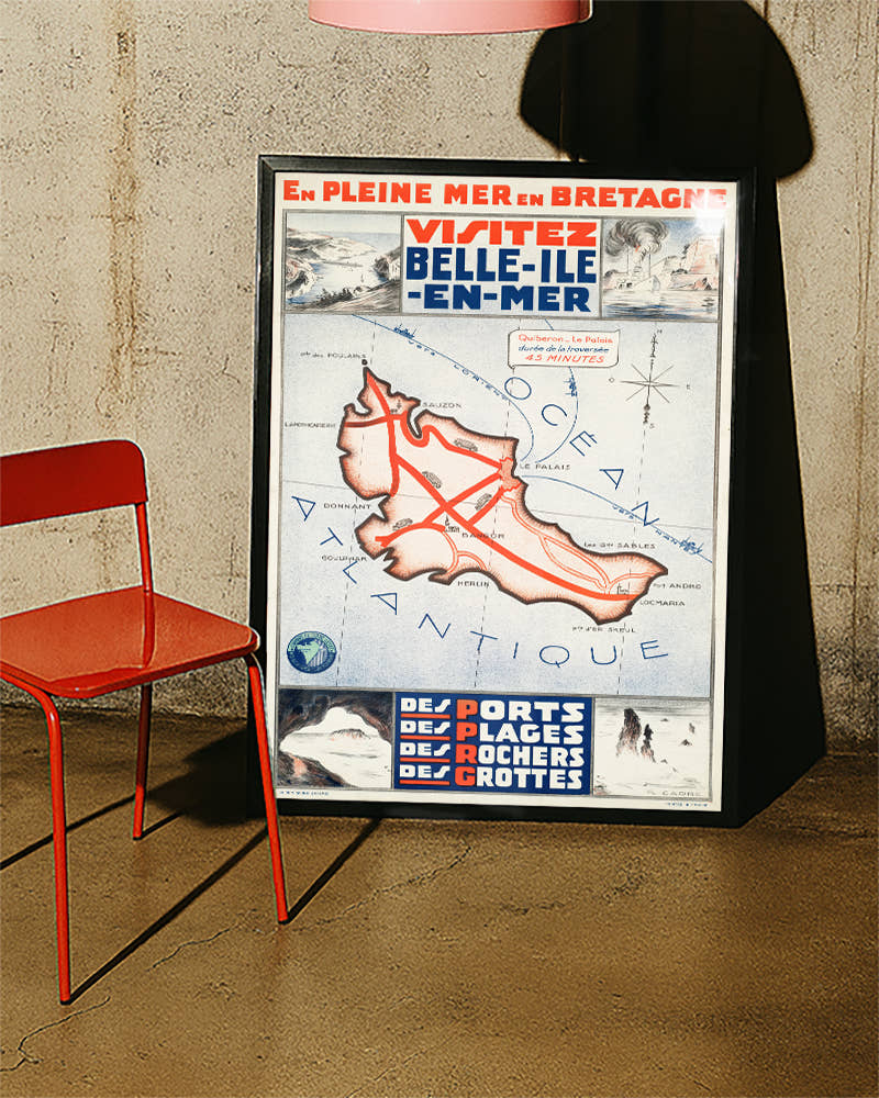 Vintage Bretagne Insel Poster mit Karte – Belle Ile en Mer Poster – FineArt Wandbild, moderne Kunst &amp; Fine Art Print von Spawnd, handgefertigt &amp; Made in Germany