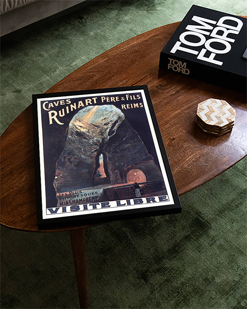 Vintage Champagner Keller Poster – Ruinart Reims Poster – FineArt Wandbild, moderne Kunst &amp; Fine Art Print von Spawnd, handgefertigt &amp; Made in Germany