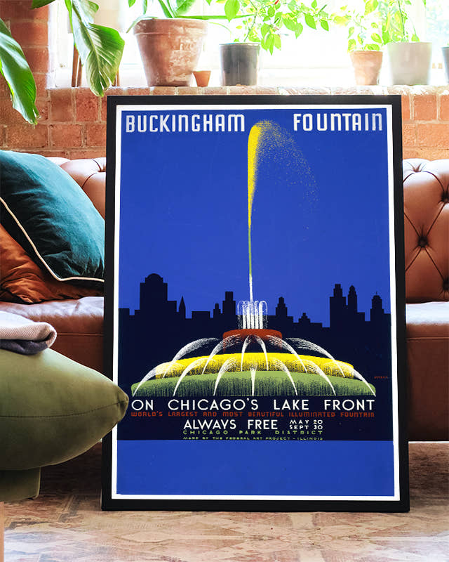 Vintage Chicago Poster – Buckingham Fountain Lakefront Poster – FineArt Wandbild, moderne Kunst &amp; Fine Art Print von Spawnd, handgefertigt &amp; Made in Germany