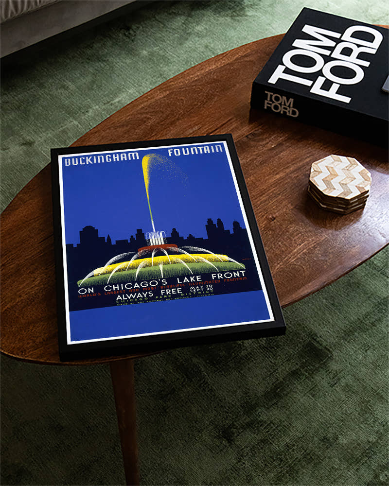 Vintage Chicago Poster – Buckingham Fountain Lakefront Poster – FineArt Wandbild, moderne Kunst &amp; Fine Art Print von Spawnd, handgefertigt &amp; Made in Germany