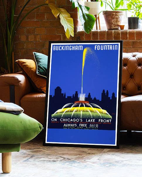 Vintage Chicago Poster – Buckingham Fountain Lakefront Poster – FineArt Wandbild, moderne Kunst &amp; Fine Art Print von Spawnd, handgefertigt &amp; Made in Germany