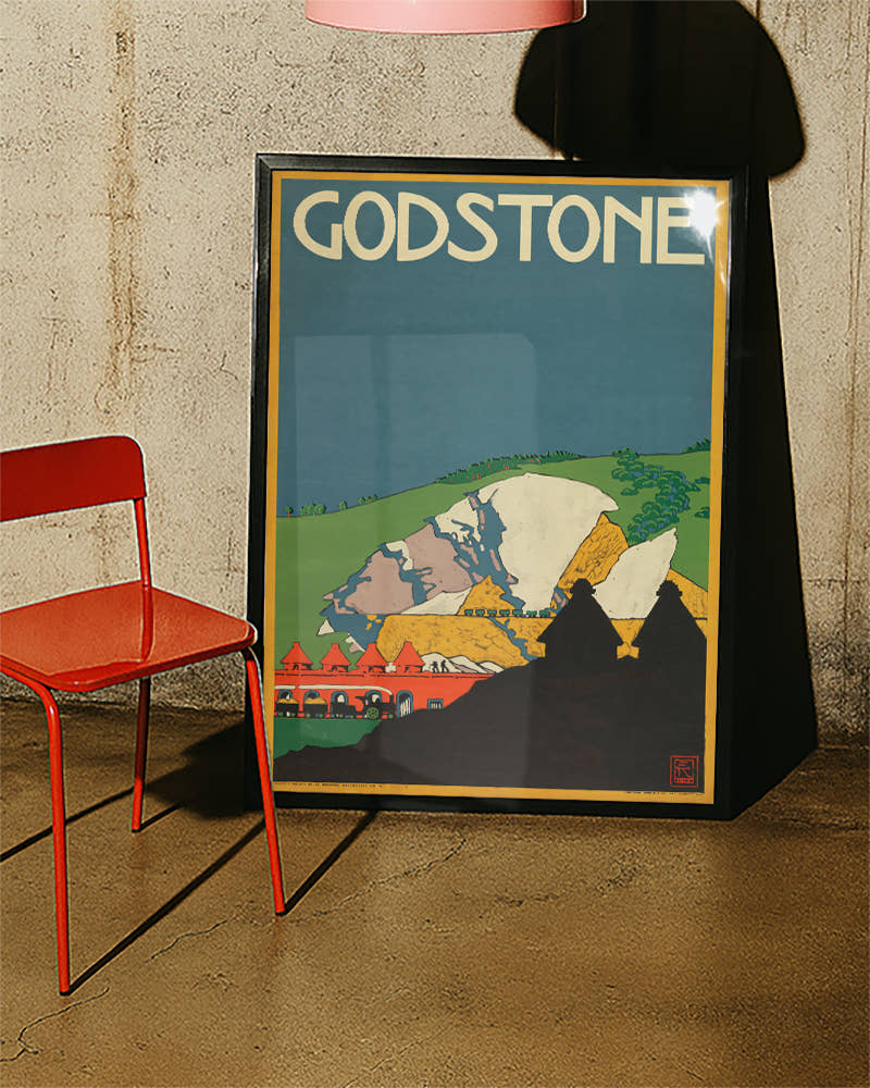Vintage England Landschaft Poster mit Kreidefelsen – Godstone Poster – FineArt Wandbild, moderne Kunst &amp; Fine Art Print von Spawnd, handgefertigt &amp; Made in Germany