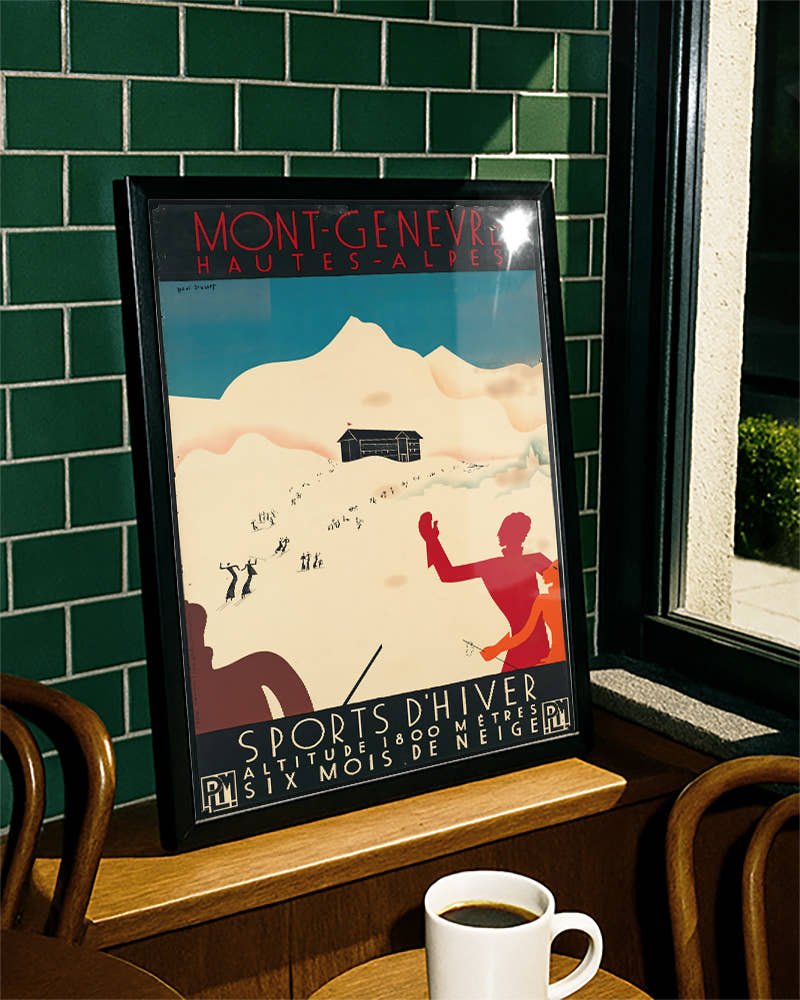Vintage Französische Alpen Ski Poster – Mont-Genevre Poster – FineArt Wandbild, moderne Kunst &amp; Fine Art Print von Spawnd, handgefertigt &amp; Made in Germany