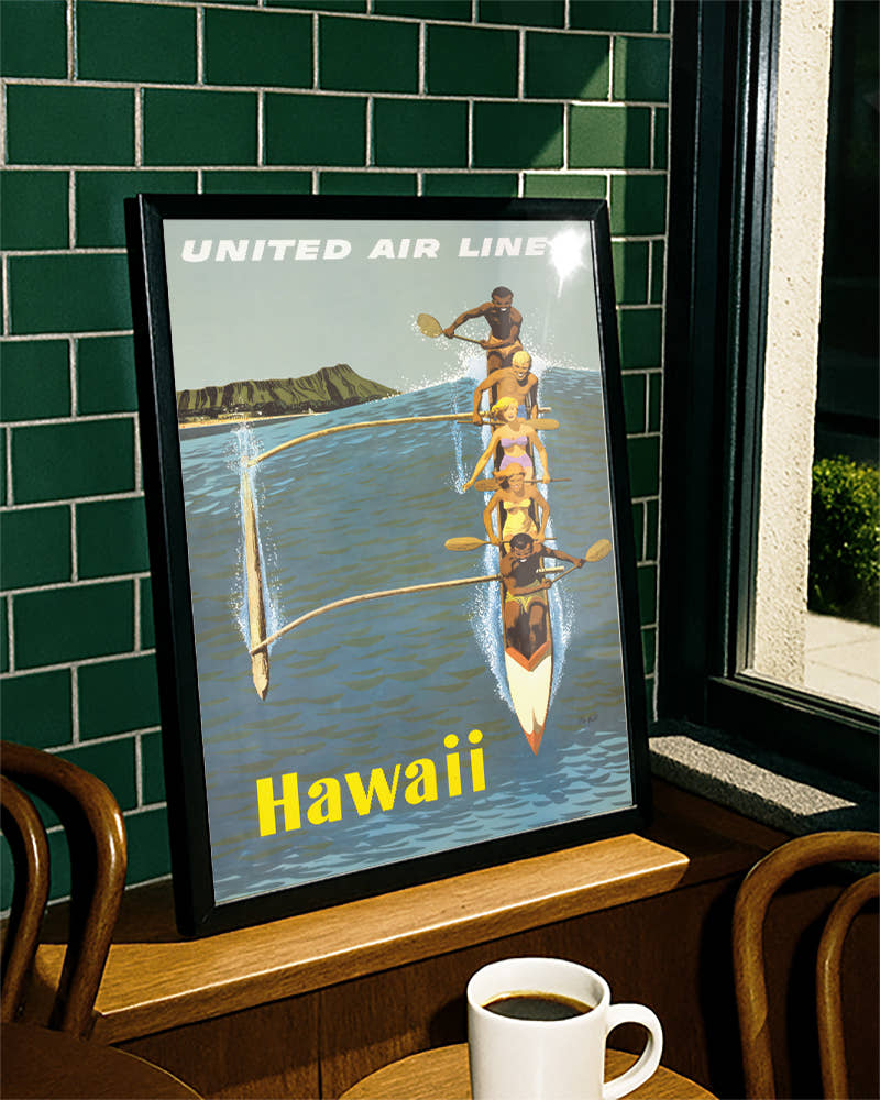 Vintage Hawaii Reiseplakat mit Kanu und Diamond Head – Hawaii Poster – FineArt Wandbild, moderne Kunst &amp; Fine Art Print von Spawnd, handgefertigt &amp; Made in Germany