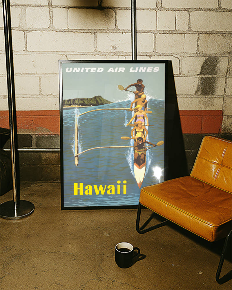 Vintage Hawaii Reiseplakat mit Kanu und Diamond Head – Hawaii Poster – FineArt Wandbild, moderne Kunst &amp; Fine Art Print von Spawnd, handgefertigt &amp; Made in Germany