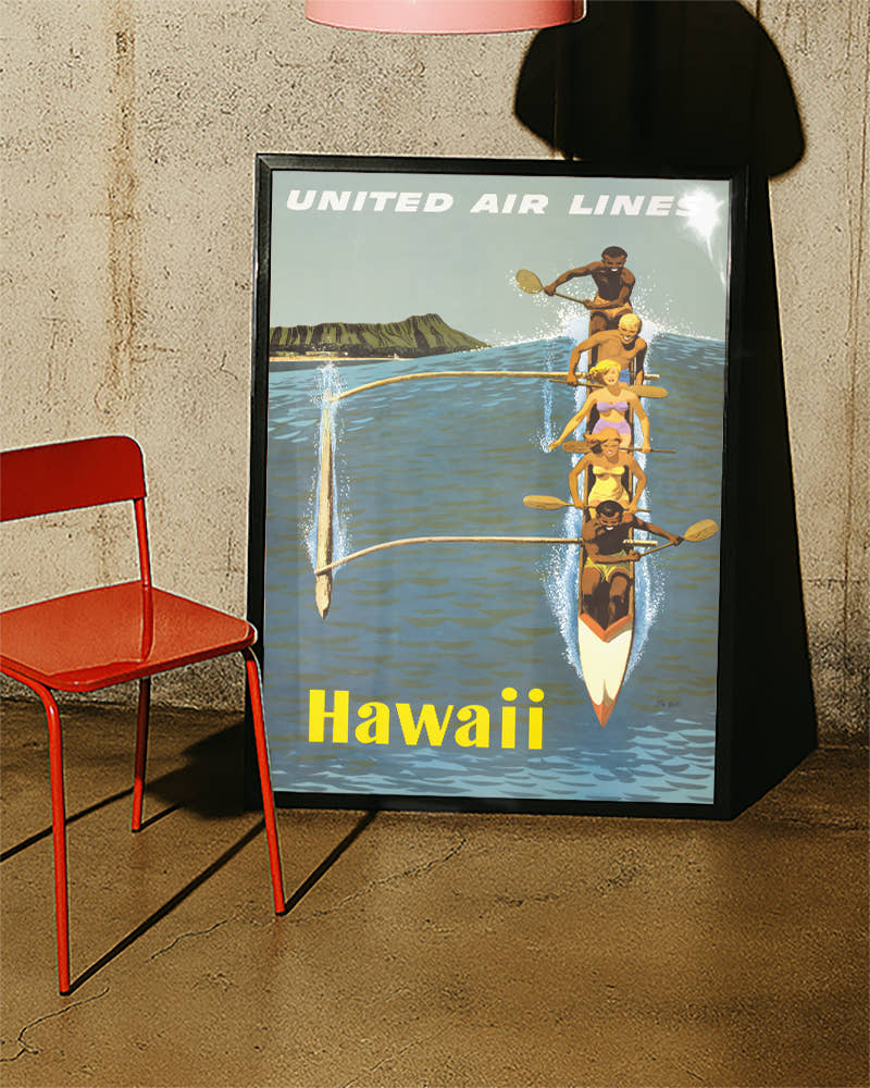Vintage Hawaii Reiseplakat mit Kanu und Diamond Head – Hawaii Poster – FineArt Wandbild, moderne Kunst &amp; Fine Art Print von Spawnd, handgefertigt &amp; Made in Germany