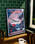 Vintage Karibik Reiseplakat mit Flugzeug – Caribbean Clipper Poster – FineArt Wandbild, moderne Kunst & Fine Art Print von Spawnd, handgefertigt & Made in Germany