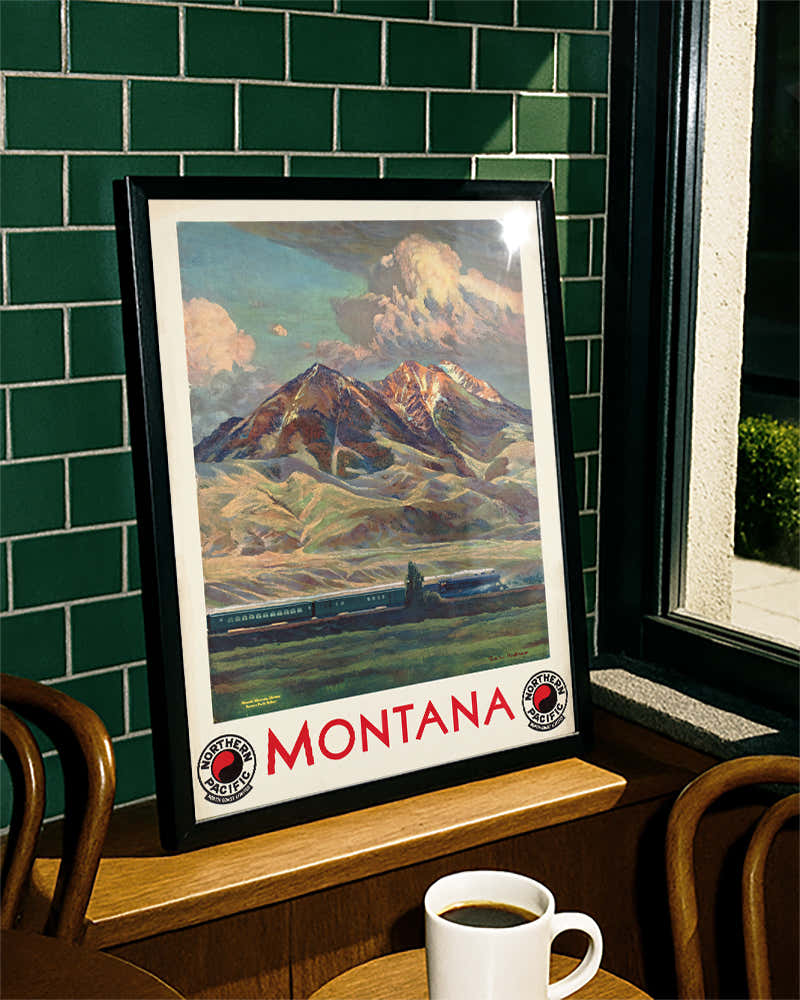 Vintage Montana USA Poster – Rocky Mountains & Eisenbahn Poster – FineArt Wandbild, moderne Kunst & Fine Art Print von Spawnd, handgefertigt & Made in Germany