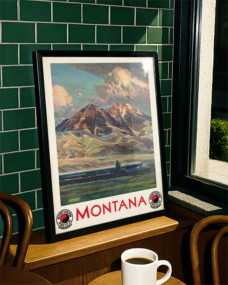 Vintage Montana USA Poster – Rocky Mountains &amp; Eisenbahn Poster – FineArt Wandbild, moderne Kunst &amp; Fine Art Print von Spawnd, handgefertigt &amp; Made in Germany