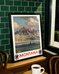 Vintage Montana USA Poster – Rocky Mountains & Eisenbahn Poster – FineArt Wandbild, moderne Kunst & Fine Art Print von Spawnd, handgefertigt & Made in Germany