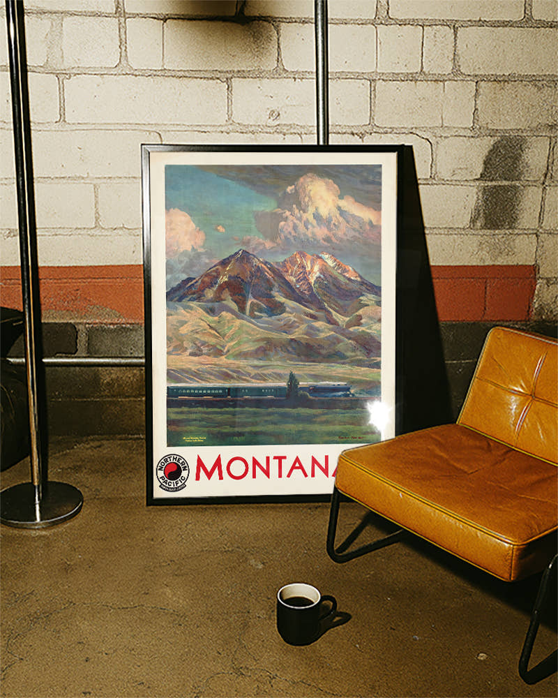 Vintage Montana USA Poster – Rocky Mountains &amp; Eisenbahn Poster – FineArt Wandbild, moderne Kunst &amp; Fine Art Print von Spawnd, handgefertigt &amp; Made in Germany