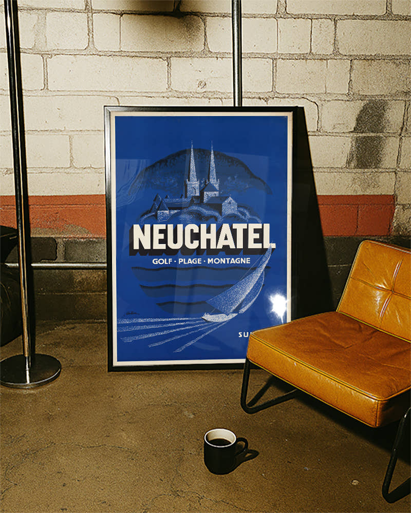 Vintage Neuenburg Schweiz Poster – Neuchâtel See &amp; Berge Poster – FineArt Wandbild, moderne Kunst &amp; Fine Art Print von Spawnd, handgefertigt &amp; Made in Germany