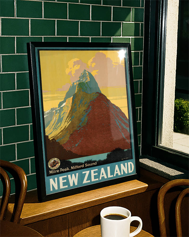 Vintage Neuseeland Poster – Mitre Peak Milford Sound Poster – FineArt Wandbild, moderne Kunst &amp; Fine Art Print von Spawnd, handgefertigt &amp; Made in Germany