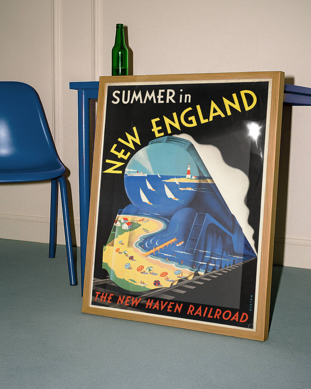 Vintage New England Poster mit Küste &amp; Leuchtturm – Summer in New England Poster – FineArt Wandbild, moderne Kunst &amp; Fine Art Print von Spawnd, handgefertigt &amp; Made in Germany