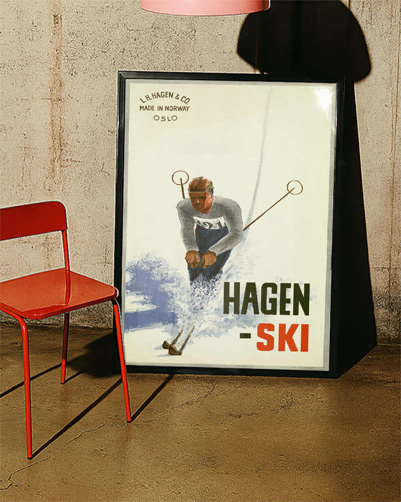 Vintage Norwegen Ski Poster mit Skifahrer – Hagen Ski Oslo Poster – FineArt Wandbild, moderne Kunst & Fine Art Print von Spawnd, handgefertigt & Made in Germany