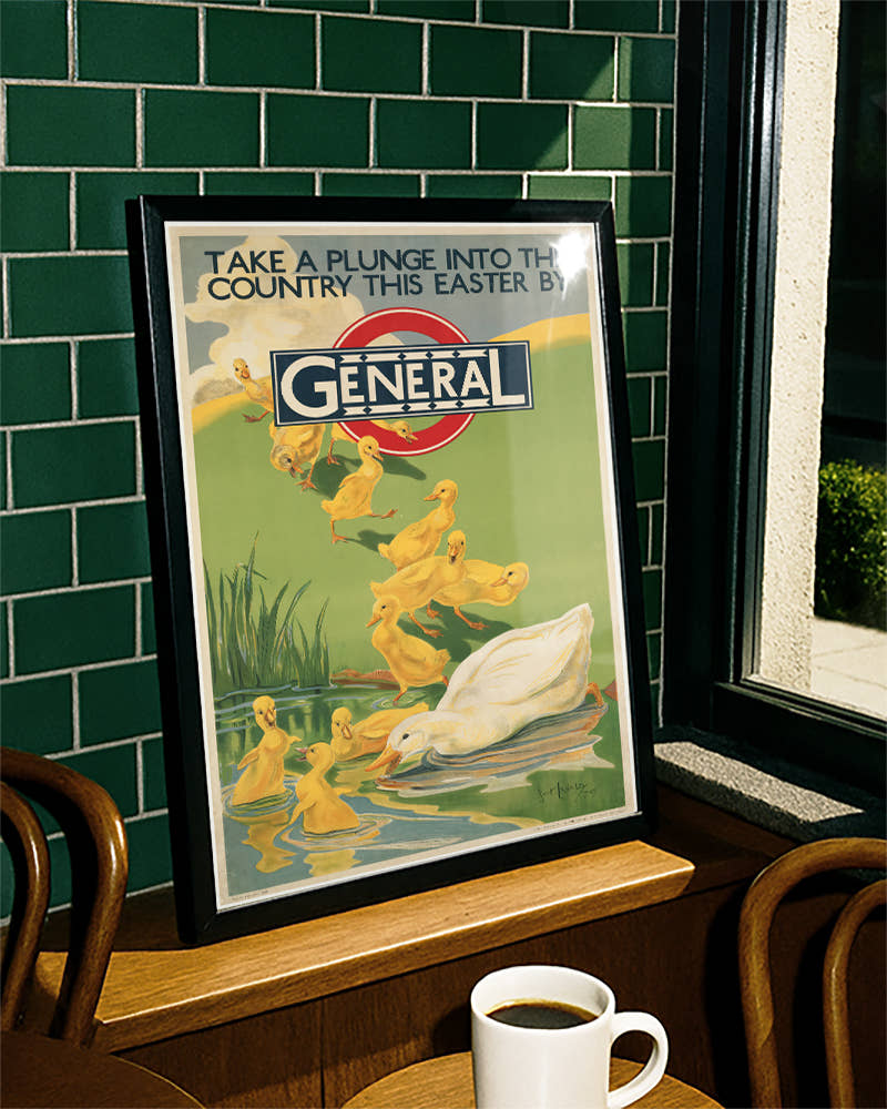 Vintage Oster Poster mit Entenküken am Teich – Easter Country Ducklings Poster – FineArt Wandbild, moderne Kunst &amp; Fine Art Print von Spawnd, handgefertigt &amp; Made in Germany