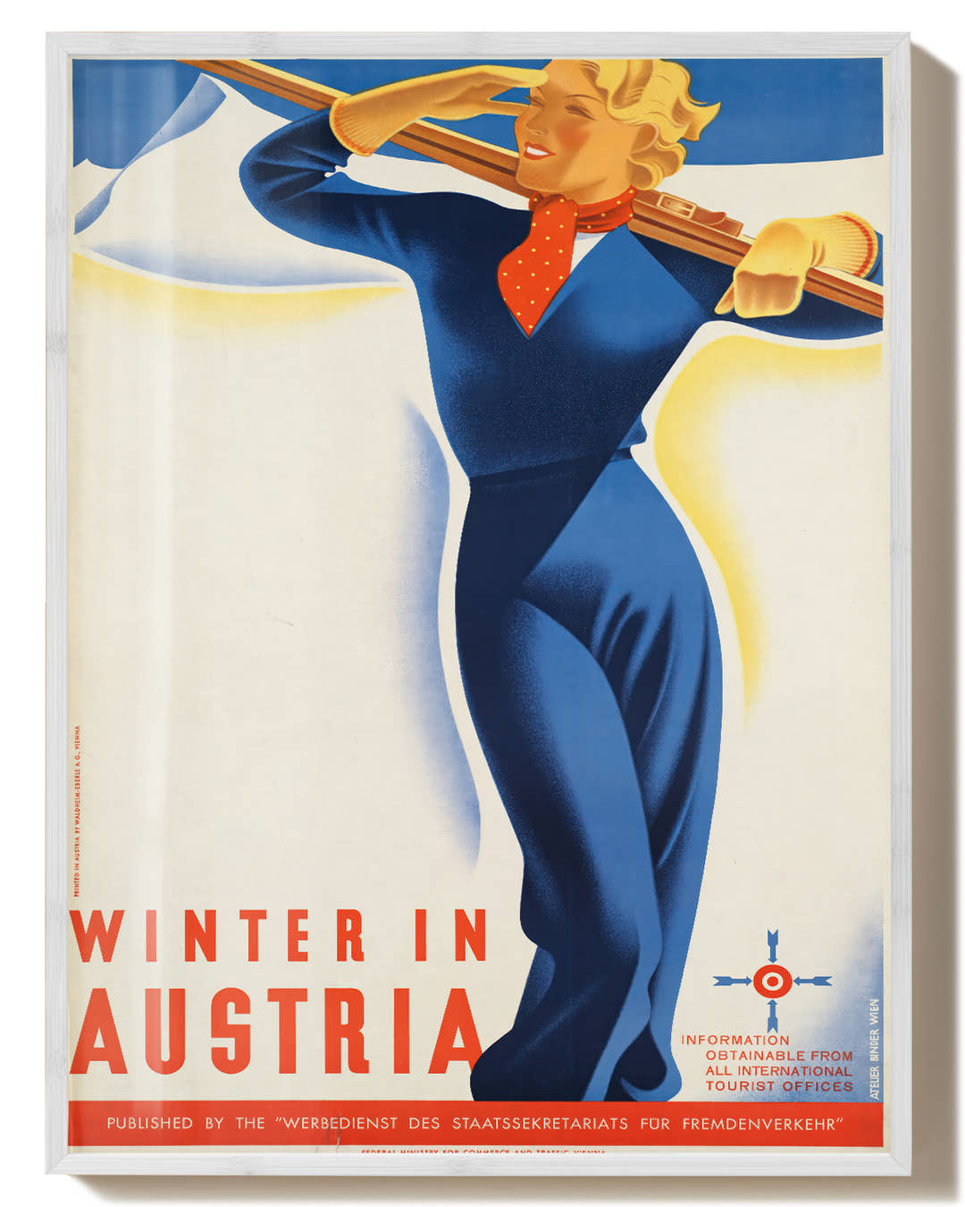 Vintage Österreich Poster – Winter in Austria Skifahren Poster – FineArt Wandbild, moderne Kunst &amp; Fine Art Print von Spawnd, handgefertigt &amp; Made in Germany