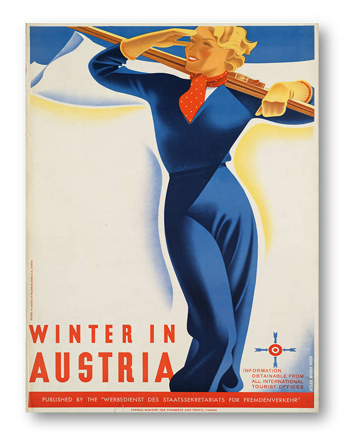 Vintage Österreich Poster – Winter in Austria Skifahren Poster – FineArt Wandbild, moderne Kunst &amp; Fine Art Print von Spawnd, handgefertigt &amp; Made in Germany