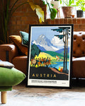 Vintage Österreich Reiseplakat – Alpen Landschaft Poster – FineArt Wandbild, moderne Kunst & Fine Art Print von Spawnd, handgefertigt & Made in Germany