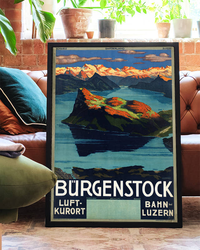 Vintage Schweiz Alpen Poster – Bürgenstock Luzern Poster – FineArt Wandbild, moderne Kunst &amp; Fine Art Print von Spawnd, handgefertigt &amp; Made in Germany