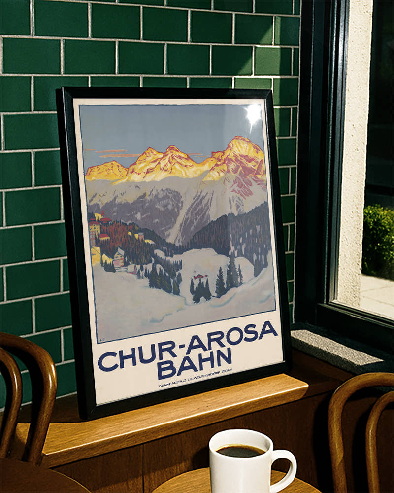 Vintage Schweiz Alpen Poster mit Bergbahn – Chur Arosa Bahn Poster – FineArt Wandbild, moderne Kunst &amp; Fine Art Print von Spawnd, handgefertigt &amp; Made in Germany