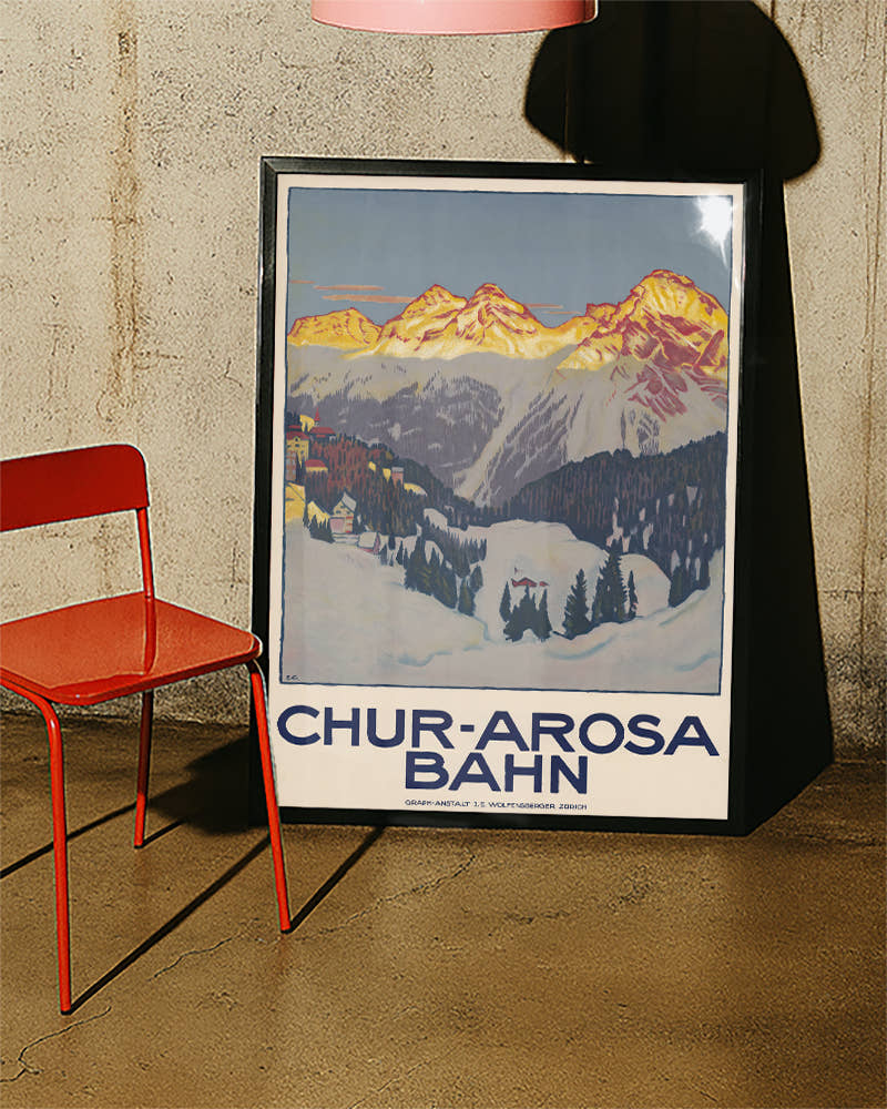 Vintage Schweiz Alpen Poster mit Bergbahn – Chur Arosa Bahn Poster – FineArt Wandbild, moderne Kunst &amp; Fine Art Print von Spawnd, handgefertigt &amp; Made in Germany