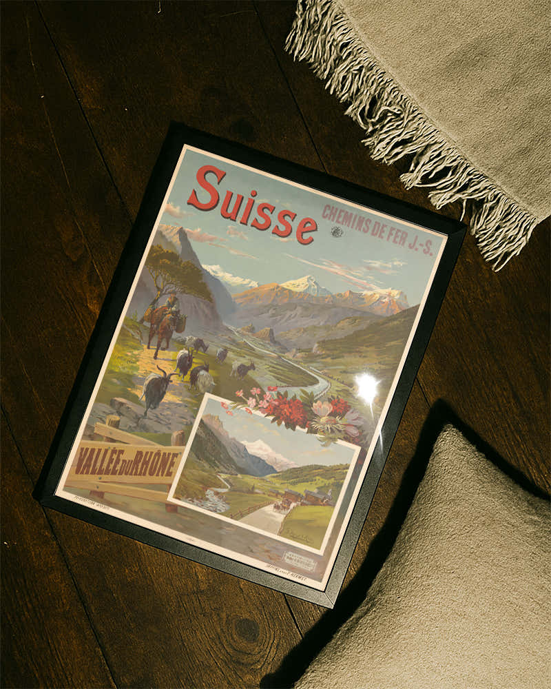 Vintage Schweiz Alpen Poster – Suisse Vallée du Rhône Poster – FineArt Wandbild, moderne Kunst & Fine Art Print von Spawnd, handgefertigt & Made in Germany