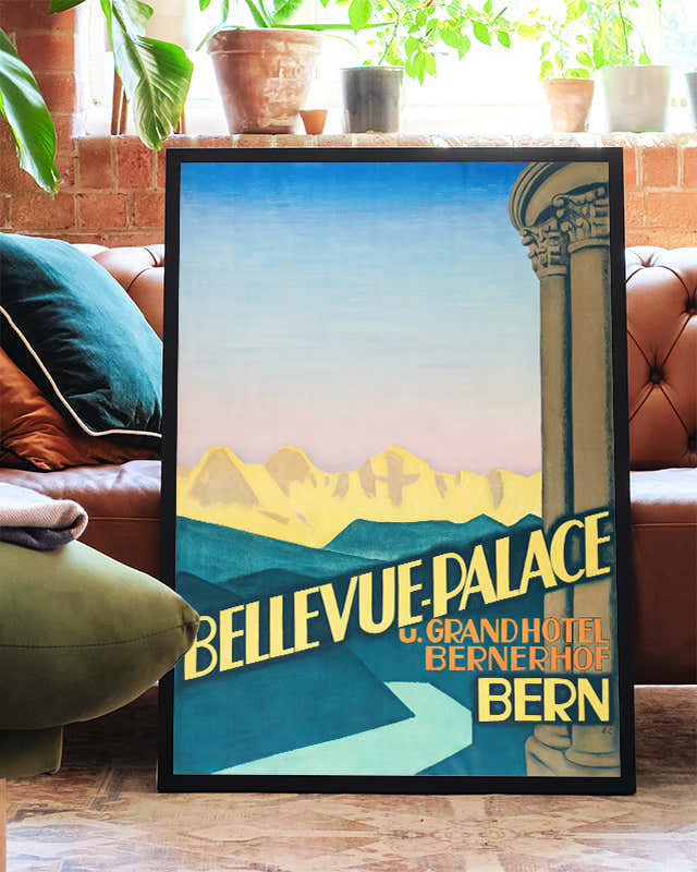 Vintage Schweiz Reise Poster – Bellevue Palace Bern Poster – FineArt Wandbild, moderne Kunst & Fine Art Print von Spawnd, handgefertigt & Made in Germany