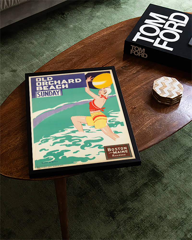 Vintage Strand Reiseplakat Poster – Old Orchard Beach Sunday Poster – FineArt Wandbild, moderne Kunst &amp; Fine Art Print von Spawnd, handgefertigt &amp; Made in Germany