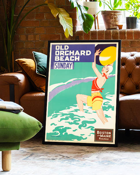 Vintage Strand Reiseplakat Poster – Old Orchard Beach Sunday Poster – FineArt Wandbild, moderne Kunst &amp; Fine Art Print von Spawnd, handgefertigt &amp; Made in Germany